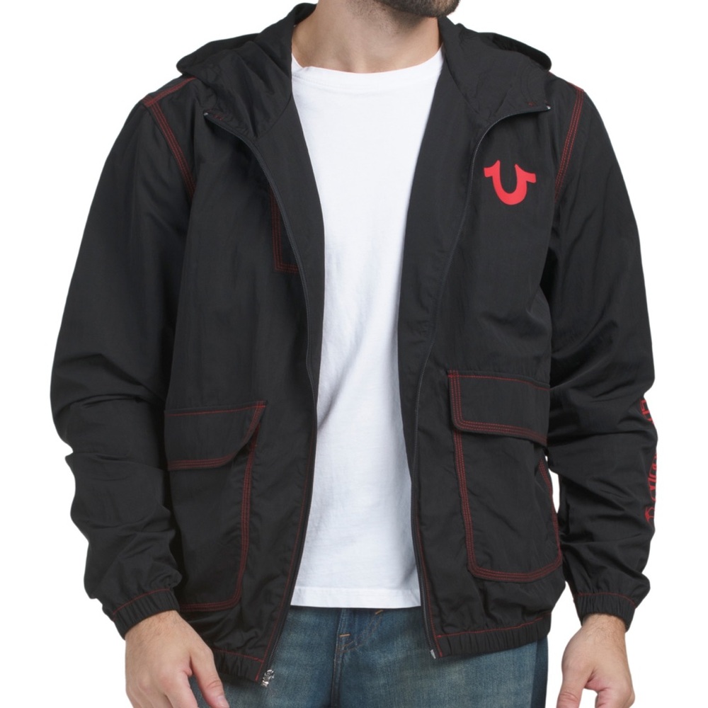 True Religion Black Hooded Windbreaker with Red Accents